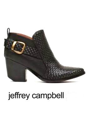 JEFFREY CAMPBELL Black Woven Leather Buckle Pointy Toe Bootie Ankle Boots Sz 7.5